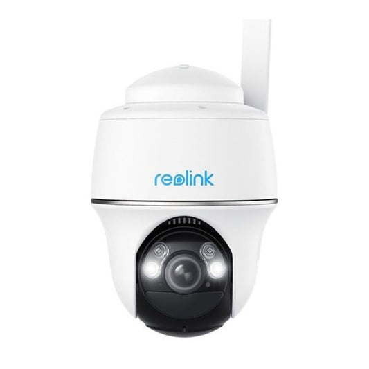 Witte Reolink G430 4G PTZ-buitencamera met zwarte lensmodule, ingebouwde antenne en led-verlichting.