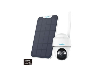 Witte Reolink G430 4G PTZ-beveiligingscamera met zonnepaneel en 32GB microSD-kaart op een witte achtergrond.