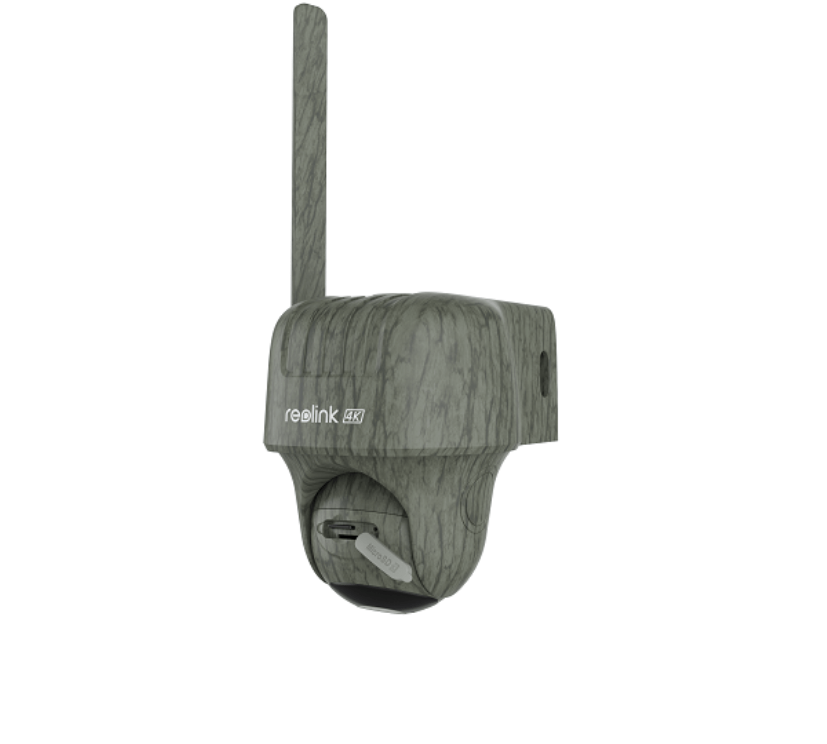Reolink G450 4K wildlife camera met camouflagepatroon, 4G-antenne en microSD-kaartsleuf voor draadloze observatie.