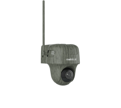 Reolink G450 4K wildlife camera met camouflagepatroon, 4G-antenne en PTZ-lens voor draadloze observatie.