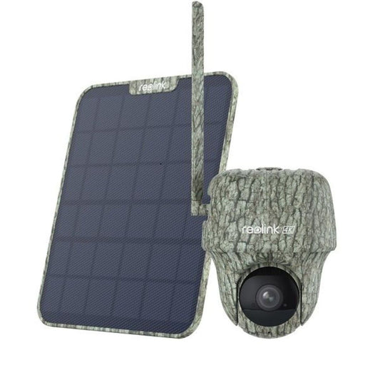 Reolink G450 4K wildlife camera met camouflagepatroon en bijbehorend 6W zonnepaneel voor draadloze observatie.