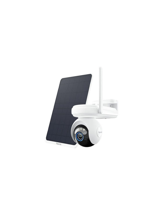 Witte Reolink G650 4G PTZ-beveiligingscamera met zonnepaneel voor draadloze bewaking op afstand.