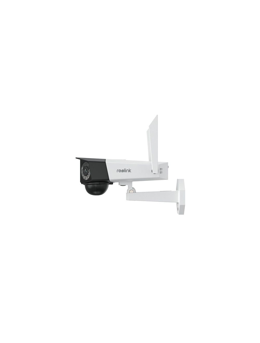 Witte Reolink G750-W dual-lens bullet beveiligingscamera met WiFi-antenne en zwarte camerakop voor buitenmontage.