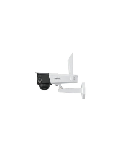 Witte Reolink G750-W dual-lens bullet beveiligingscamera met WiFi-antenne en zwarte camerakop voor buitenmontage.