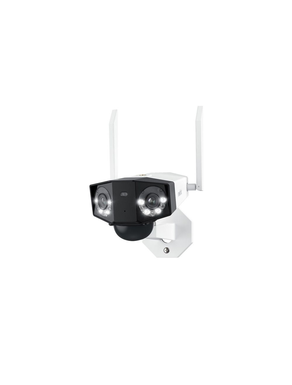 Witte Reolink G750-W dual-lens beveiligingscamera met twee lenzen, spotlight en WiFi-antennes voor 180° panoramisch beeld.