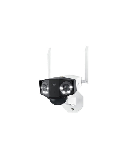 Witte Reolink G750-W dual-lens beveiligingscamera met twee lenzen, spotlight en WiFi-antennes voor 180° panoramisch beeld.