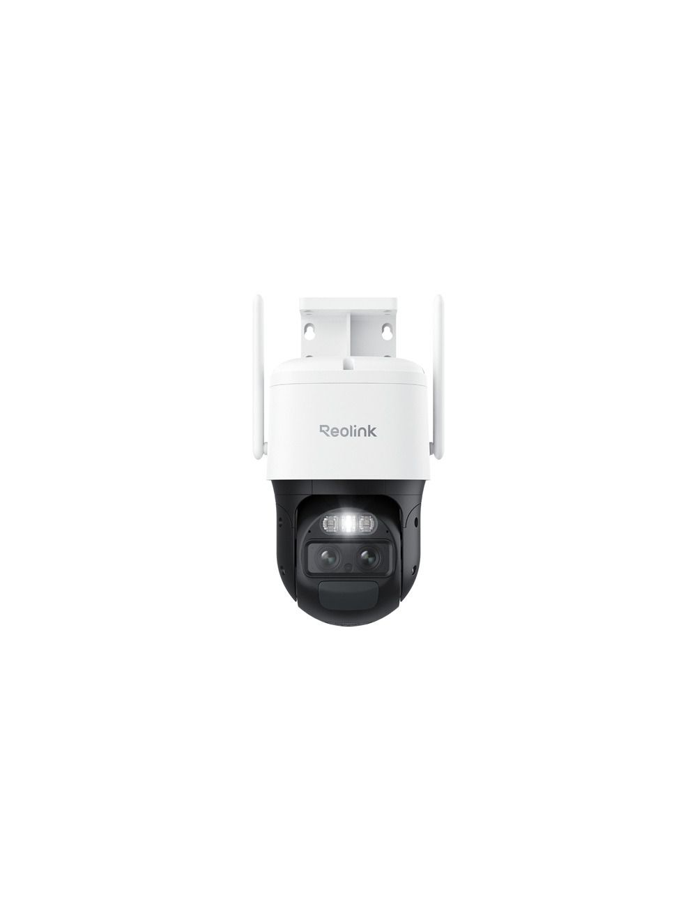 Witte Reolink G770 4K PTZ-beveiligingscamera met dubbele lens, twee antennes en ingebouwde spotlight tegen witte achtergrond.
