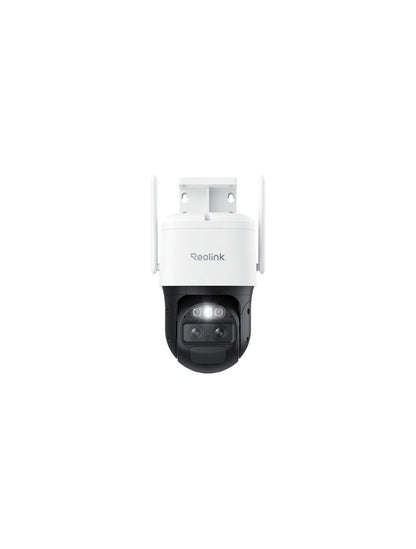 Witte Reolink G770 4K PTZ-beveiligingscamera met dubbele lens, twee antennes en ingebouwde spotlight tegen witte achtergrond.