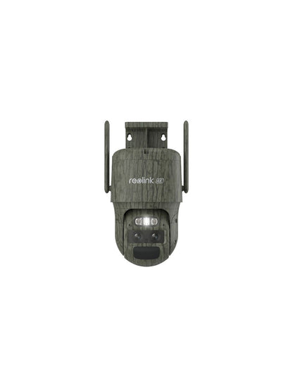 Reolink G770 4K 4G PTZ-buitencamera met dual-lens, camouflagepatroon, twee antennes en ingebouwde spotlight.