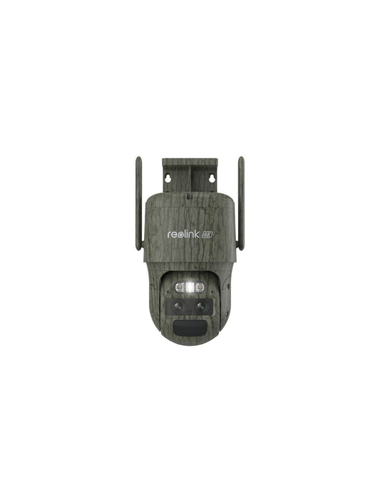Reolink G770 4K 4G PTZ-buitencamera met dual-lens, camouflagepatroon, twee antennes en ingebouwde spotlight.
