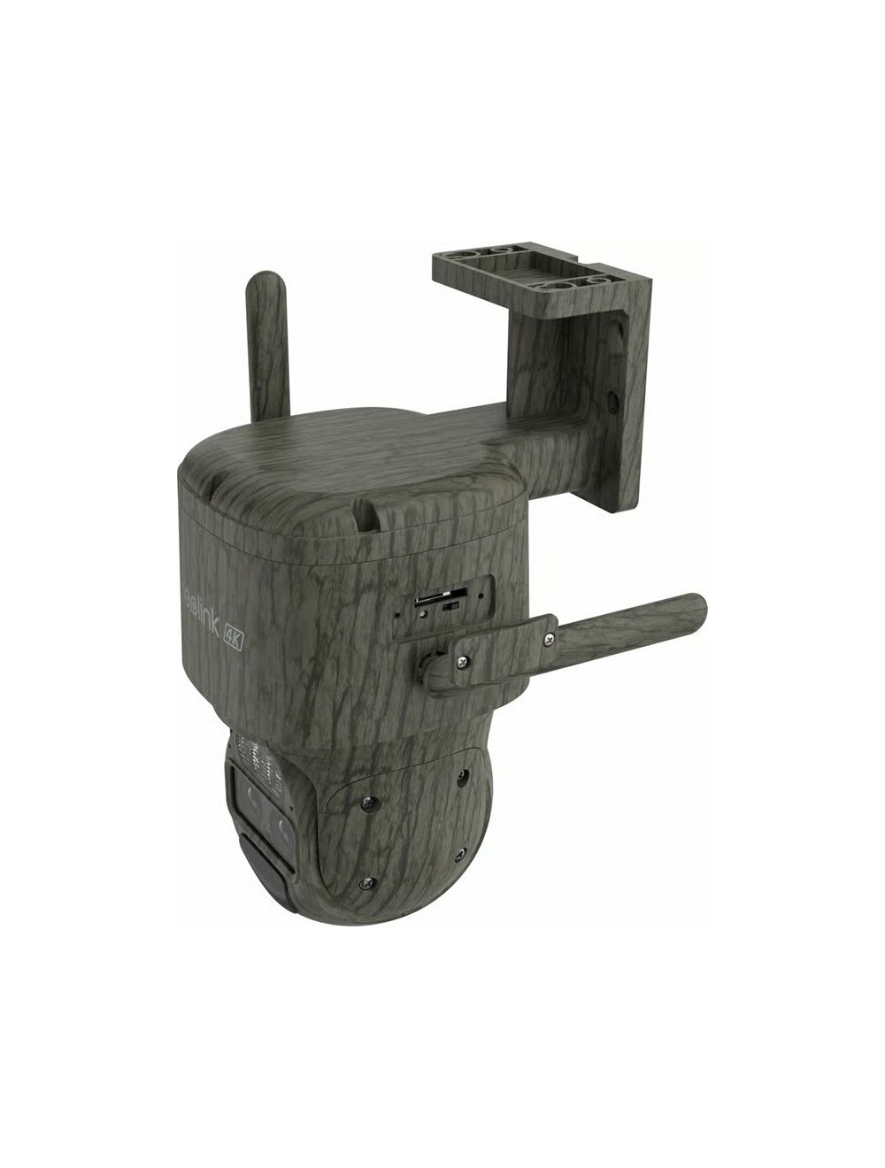 Reolink G770 4K PTZ-beveiligingscamera met dubbele lens en camouflagepatroon, inclusief antenne en muurbeugel.