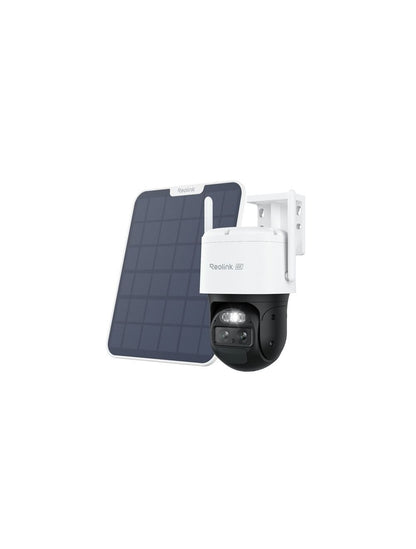 Witte Reolink G770 4K PTZ-camera met dubbele lens en bijbehorend zonnepaneel voor draadloze 4G-beveiliging.