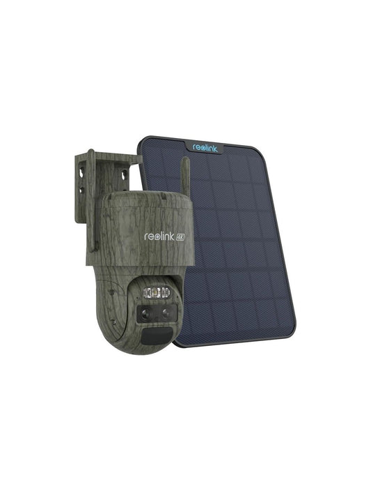 Reolink G770 4K dual-lens PTZ camera met camouflagepatroon en bijbehorend zonnepaneel.