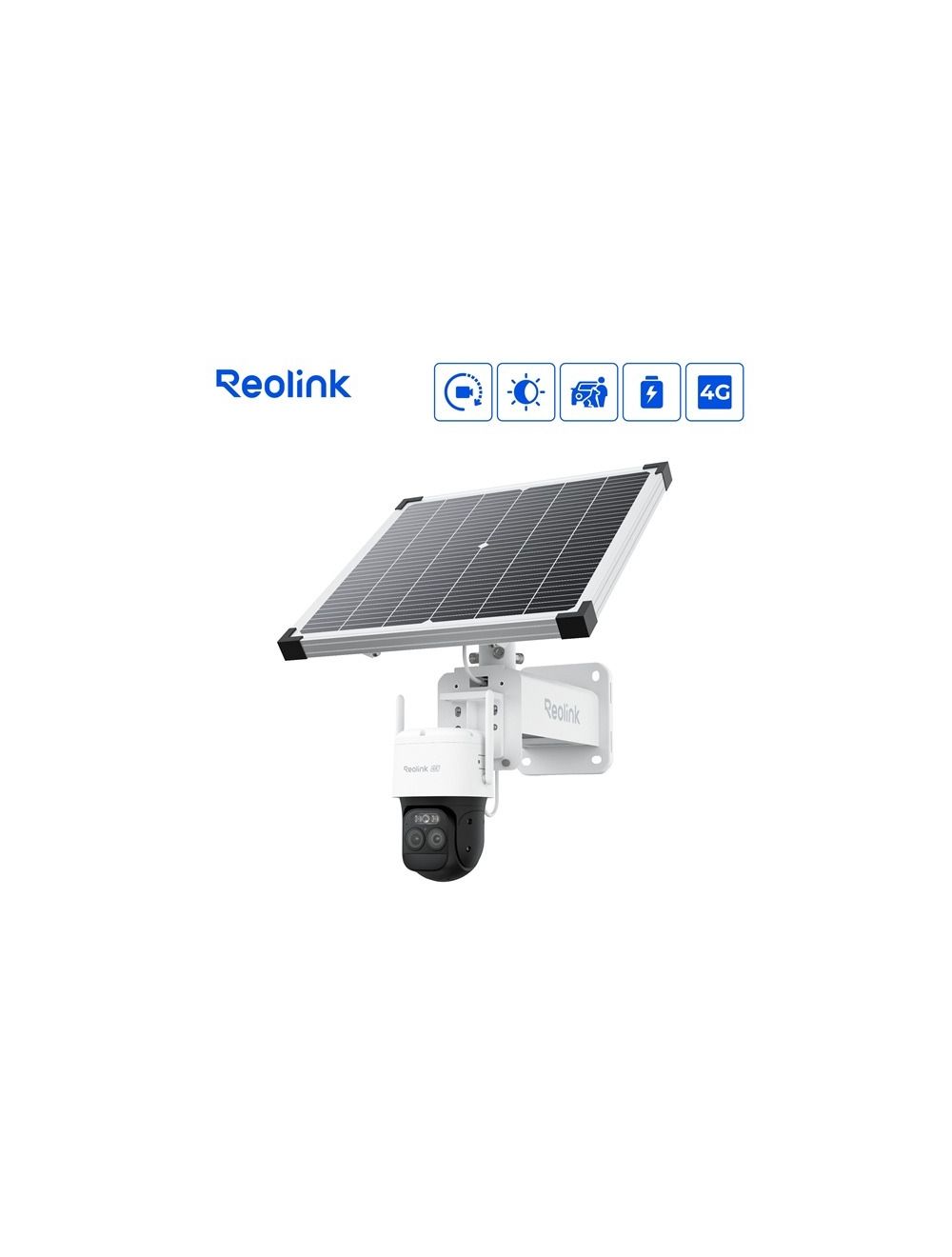 Witte Reolink G790 dual-lens PTZ-camera met 30W zonnepaneel voor draadloze 4G-beveiliging op afgelegen locaties.