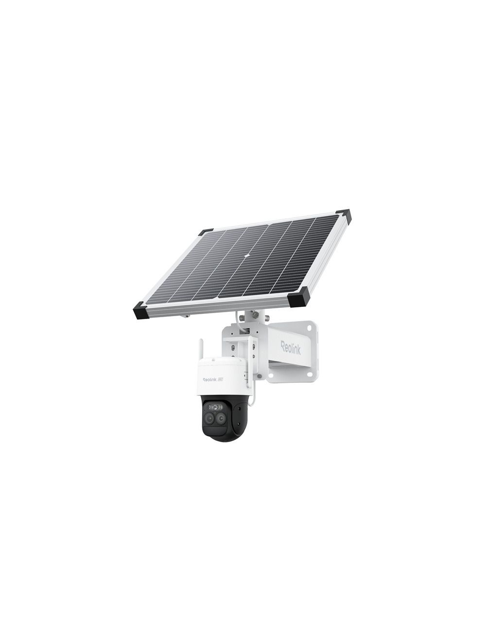 Witte Reolink G790 4G PTZ-beveiligingscamera met dubbele lens en bijbehorend 30W zonnepaneel op een muurbeugel.