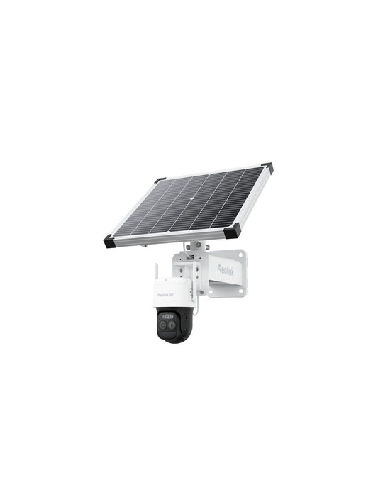 Witte Reolink G790 4G PTZ-beveiligingscamera met dubbele lens en bijbehorend 30W zonnepaneel op een muurbeugel.