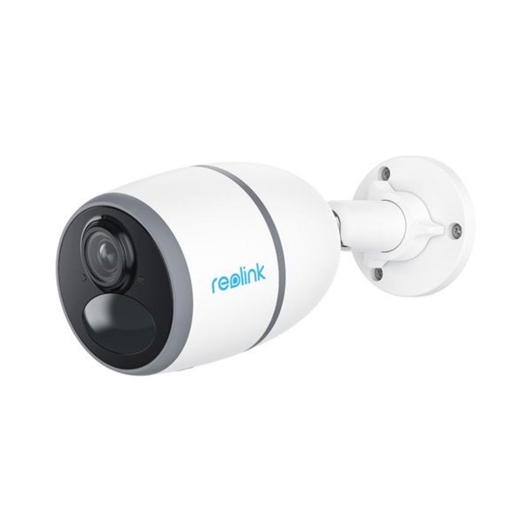 Witte Reolink Go G330 4G LTE bullet beveiligingscamera voor buiten met wandmontage en zwarte lensmodule.