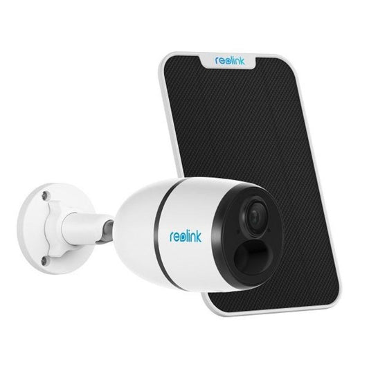 Witte Reolink Go G330 4G bulletcamera met zwart zonnepaneel voor draadloze beveiliging op afgelegen locaties.
