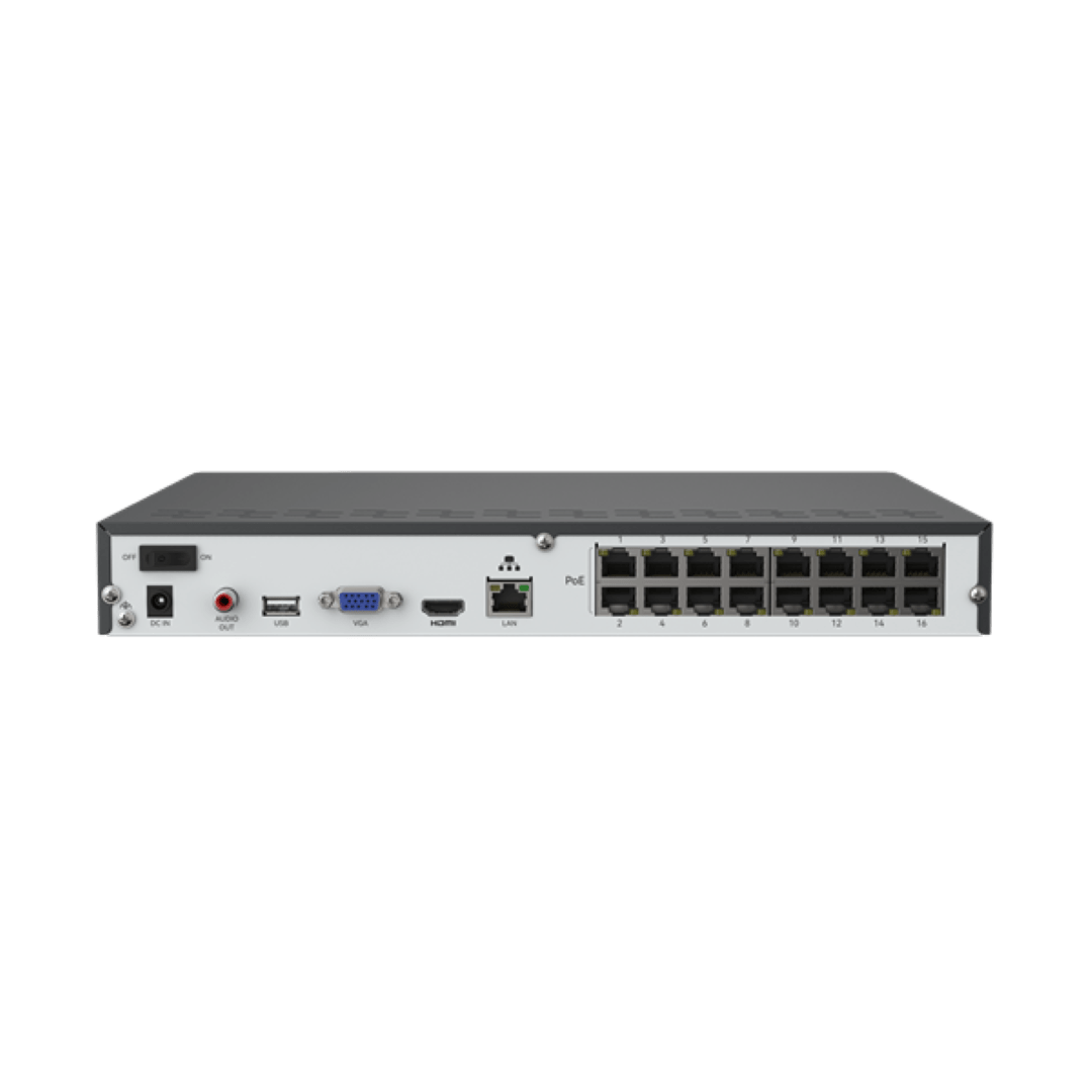 Achterkant van de zwarte Reolink 16-kanaals NVR met 16 PoE-poorten, HDMI, VGA, USB en audio-aansluitingen.