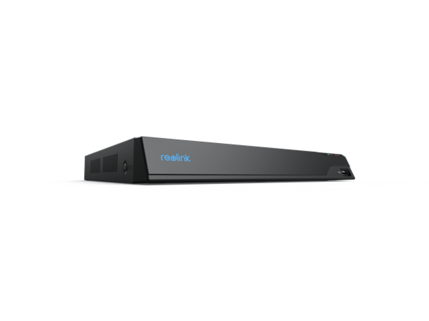Zwarte Reolink 16-kanaals NVR bewakingsrecorder met blauw logo en slank, strak design.