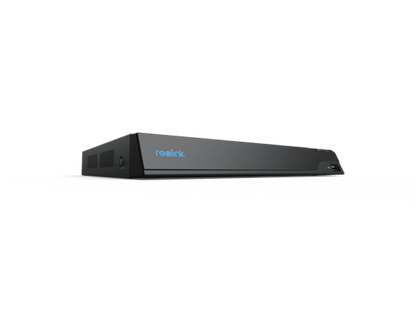 Zwarte Reolink 16-kanaals NVR bewakingsrecorder met blauw logo en slank, strak design.
