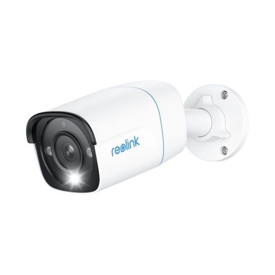 Witte Reolink 8MP PoE bullet camera met zwarte lensbehuizing en ingebouwde spotlight voor nachtzicht.