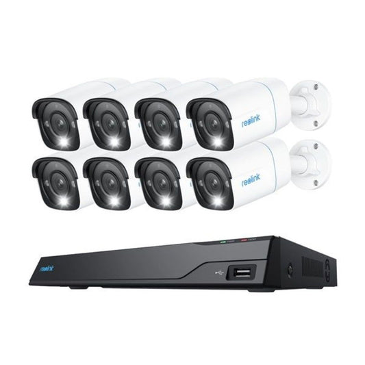 Reolink bewakingssysteem met 8 witte 4K PoE bullet camera's en een zwarte 16-kanaals NVR recorder.