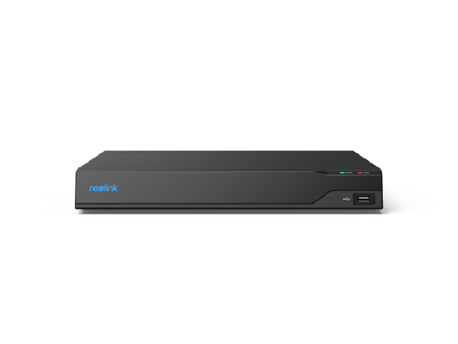 Zwarte Reolink 16-kanaals NVR bewakingsrecorder met USB-poort en statuslampjes op een witte achtergrond.