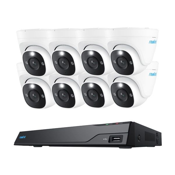 Reolink 16-kanaals NVR met acht witte 4K PoE turret camera's voor professionele beveiliging.