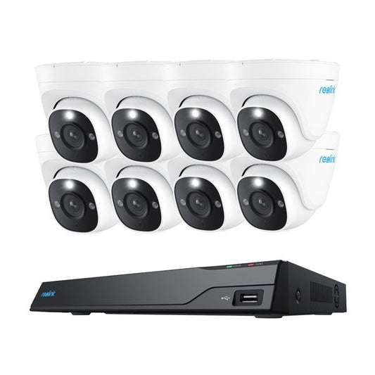 Reolink 16-kanaals NVR met acht witte 4K PoE turret camera's voor professionele beveiliging.
