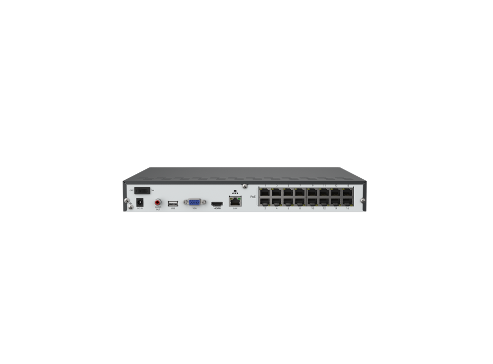 Zwarte Reolink 16-kanaals NVR achterkant met 16 PoE-poorten, HDMI, VGA, USB en stroomaansluiting.