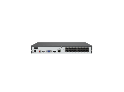 Zwarte Reolink 16-kanaals NVR achterkant met 16 PoE-poorten, HDMI, VGA, USB en stroomaansluiting.