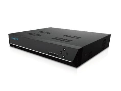 Zwarte Reolink 16-kanaals PoE NVR recorder met strak design, ventilatieopeningen en bedieningsknoppen aan de voorzijde.