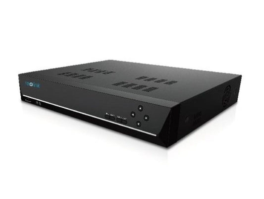 Zwarte Reolink 16-kanaals PoE NVR recorder met strak design, ventilatieopeningen en bedieningsknoppen aan de voorzijde.