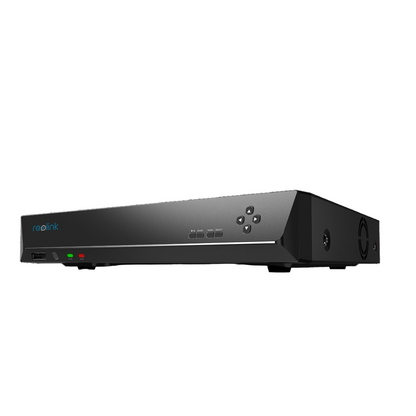 Zwarte Reolink 36-kanaals NVR recorder met strak design, navigatieknoppen en statuslampjes aan de voorzijde.