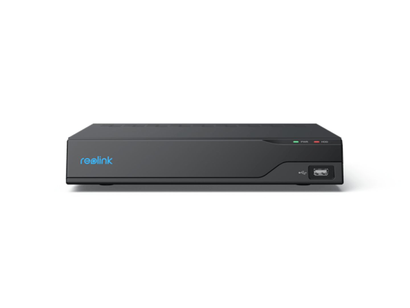 Zwarte Reolink 8-kanaals NVR recorder met blauw logo, USB-poort en statuslampjes voor beveiligingssysteem.