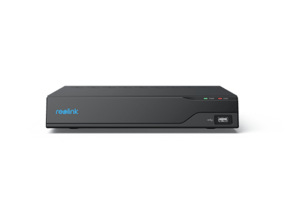 Zwarte Reolink 8-kanaals NVR recorder met blauw logo, USB-poort en statuslampjes voor beveiligingssysteem.