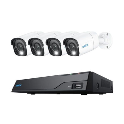 Reolink bewakingsset met vier witte 12MP PoE bullet camera's met spotlight en een zwarte 8-kanaals NVR recorder.
