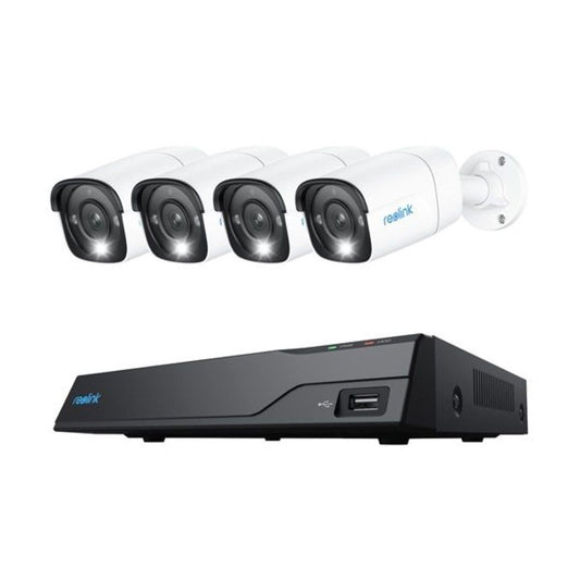 Reolink bewakingsset met vier witte 12MP PoE bullet camera's met spotlight en een zwarte 8-kanaals NVR recorder.