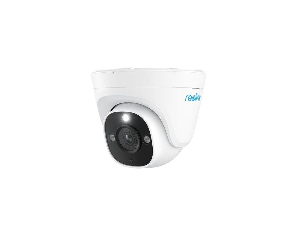 Witte Reolink 12MP PoE dome-beveiligingscamera met zwarte lens, ingebouwde spotlight en strak modern design.