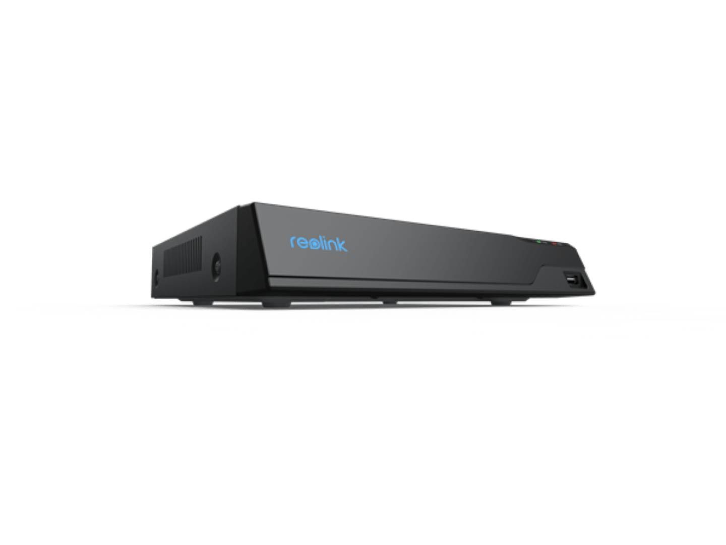 Zwarte Reolink NVS8 8-kanaals PoE NVR recorder met strak design en USB-poort aan de voorzijde.