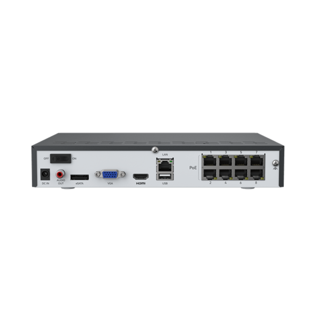 Achterkant van zwarte Reolink NVS8 NVR met acht PoE-poorten, HDMI, VGA, USB-poorten en stroomaansluiting.
