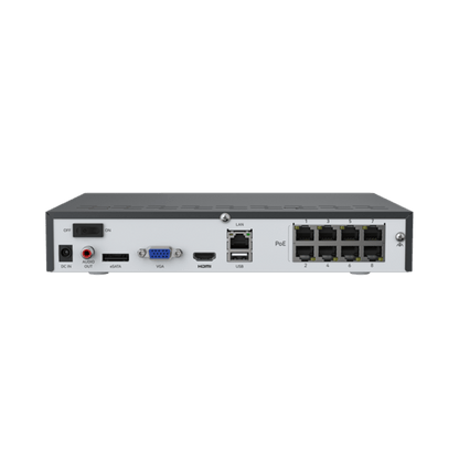 Achterkant van zwarte Reolink NVS8 NVR met acht PoE-poorten, HDMI, VGA, USB-poorten en stroomaansluiting.