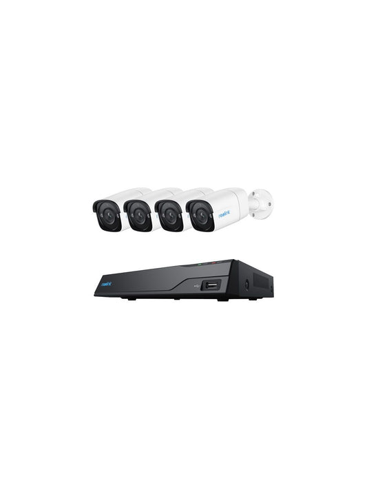 Reolink 8-kanaals NVR met vier witte 5MP PoE bullet camera's voor een compleet bewakingssysteem.