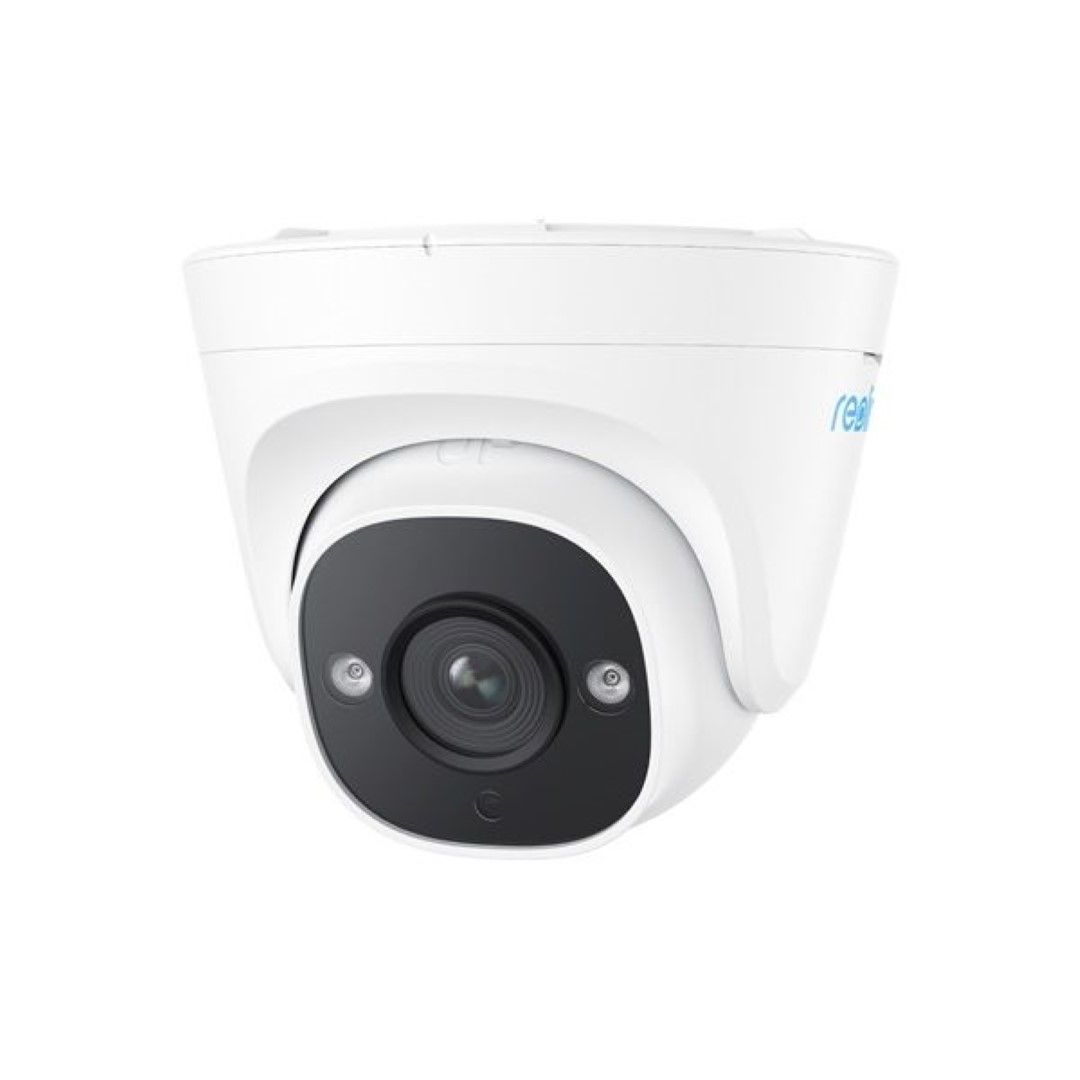 Witte Reolink 5MP PoE turret beveiligingscamera met zwarte lensmodule en compact weerbestendig design.