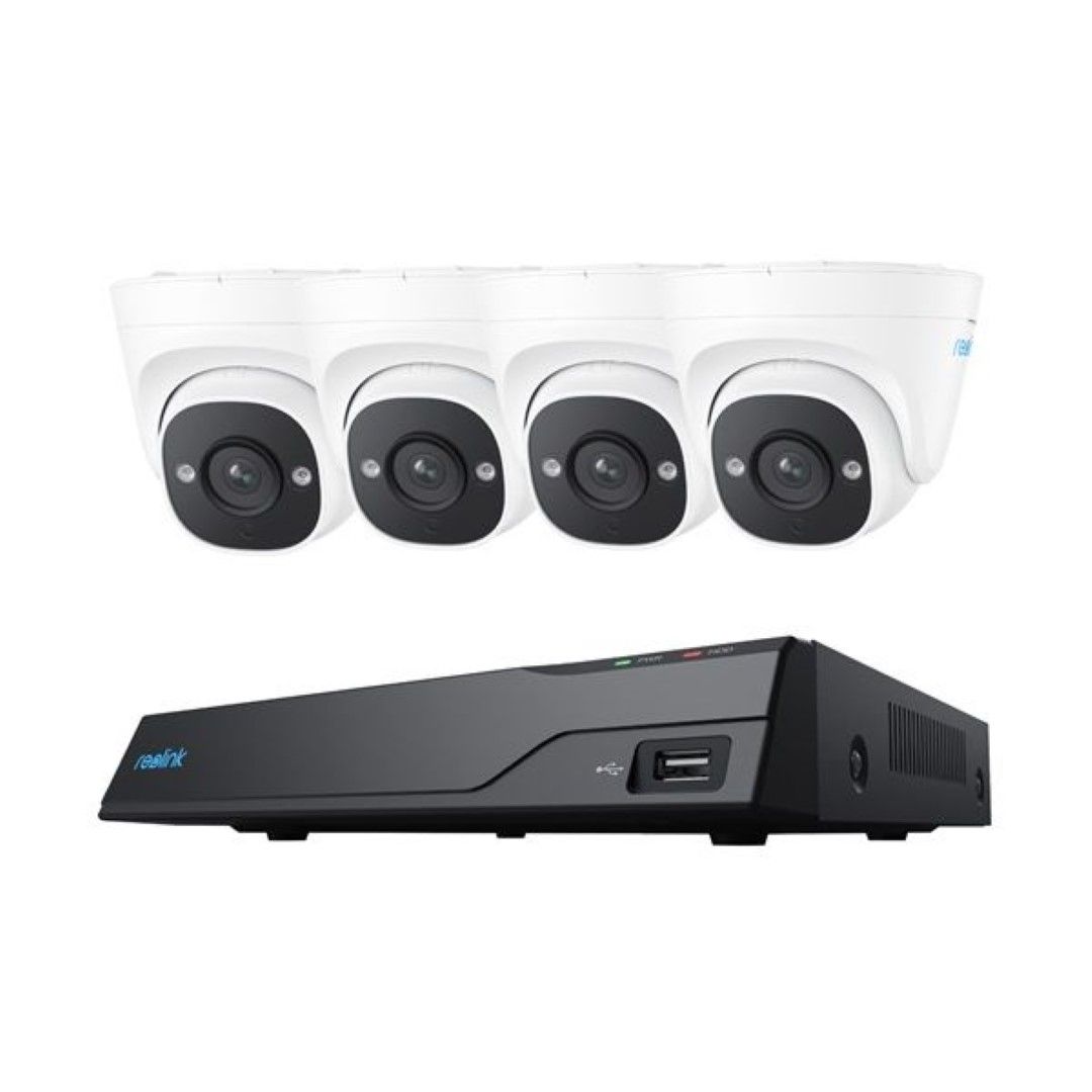 Reolink 8-kanaals NVR met vier witte 5MP PoE turret camera's voor professionele beveiliging.