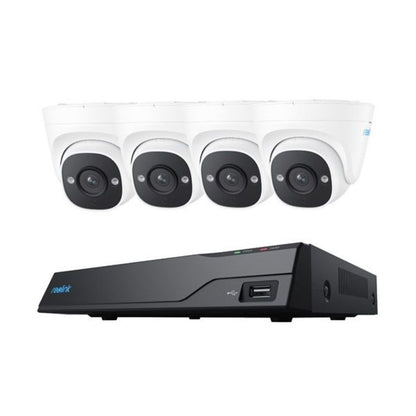 Reolink 8-kanaals NVR met vier witte 5MP PoE turret camera's voor professionele beveiliging.