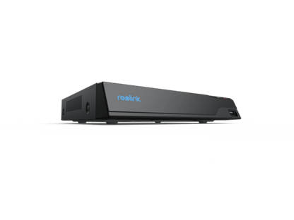 Zwarte Reolink 8-kanaals NVR bewakingsrecorder met blauw logo en USB-poort aan de voorzijde.