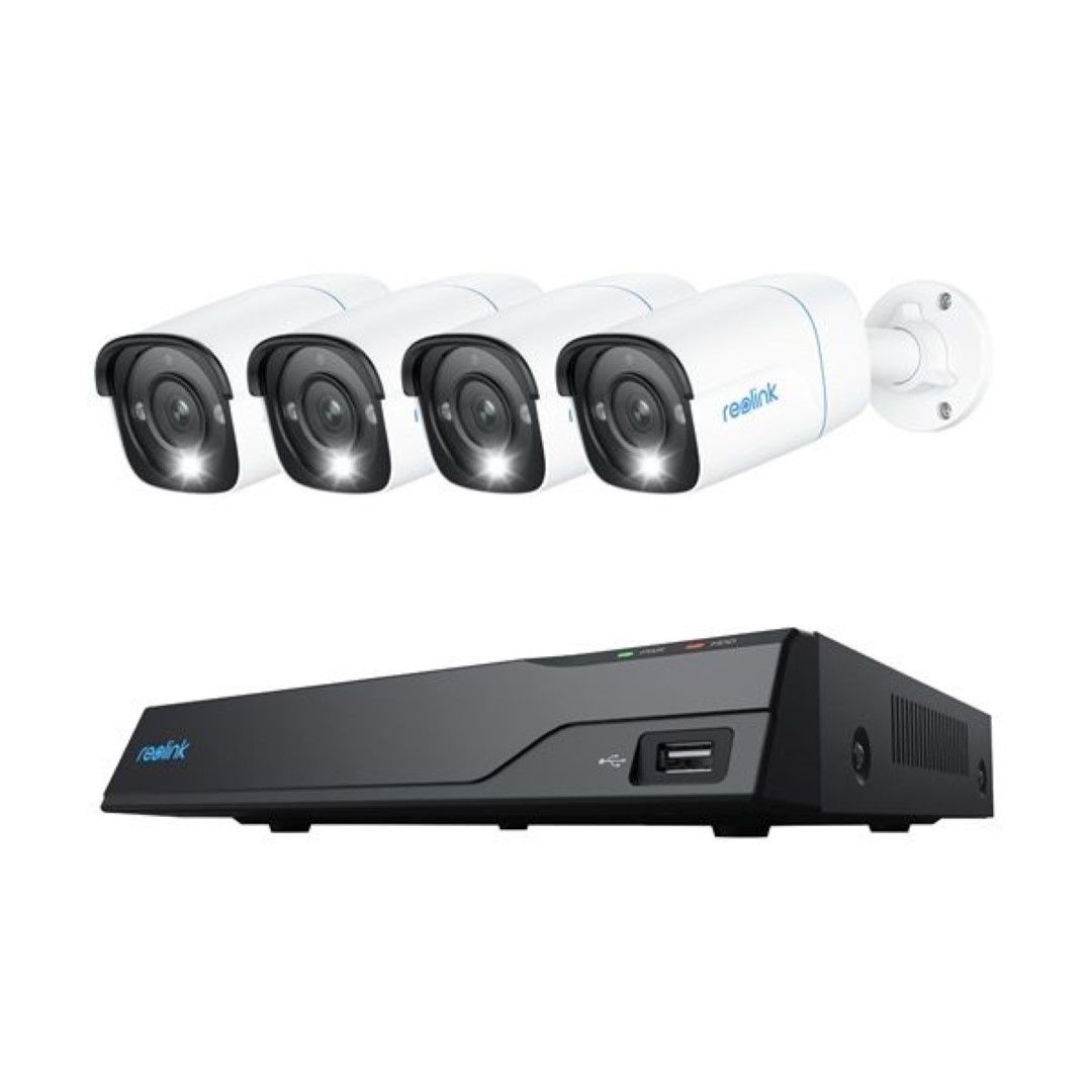 Reolink 8-kanaals NVR met vier witte 4K PoE bullet camera's voor professionele beveiliging.