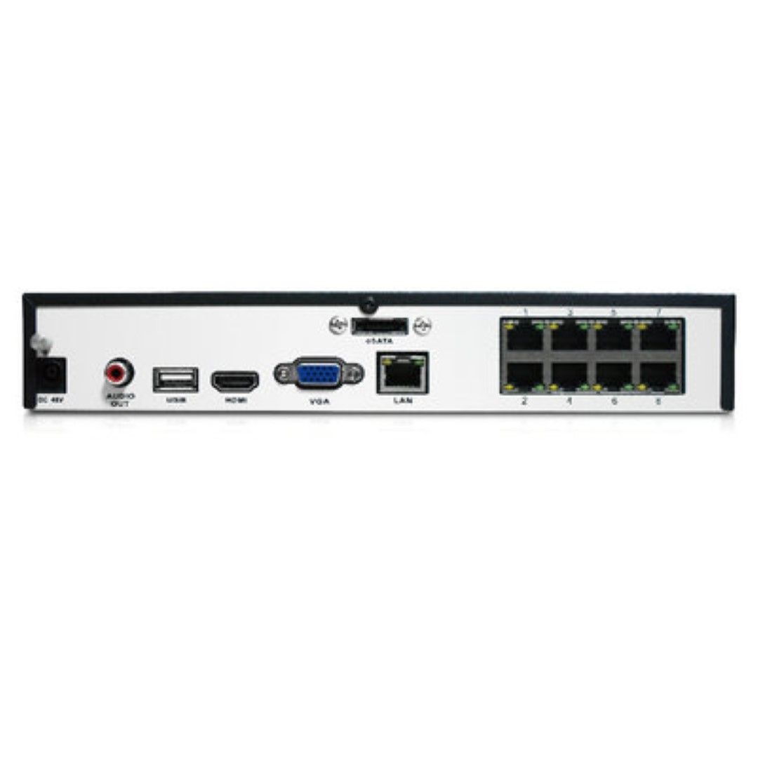 Achterkant van de zwarte Reolink 8-kanaals PoE NVR met acht PoE-poorten, HDMI, VGA, USB en audio-aansluitingen.